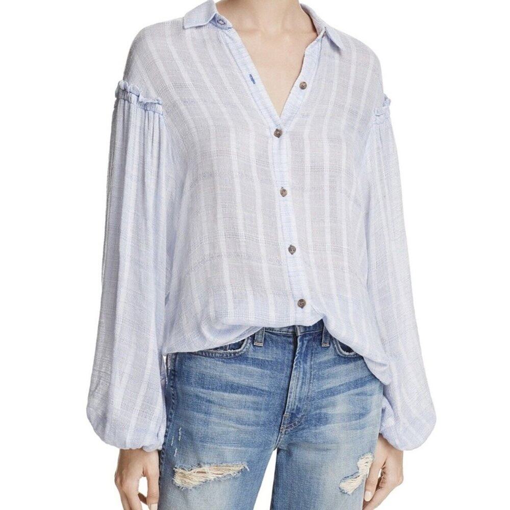 FREE PEOPLE Headed To The Highland Semi-sheer Button Up Shirt In Blue Size XS